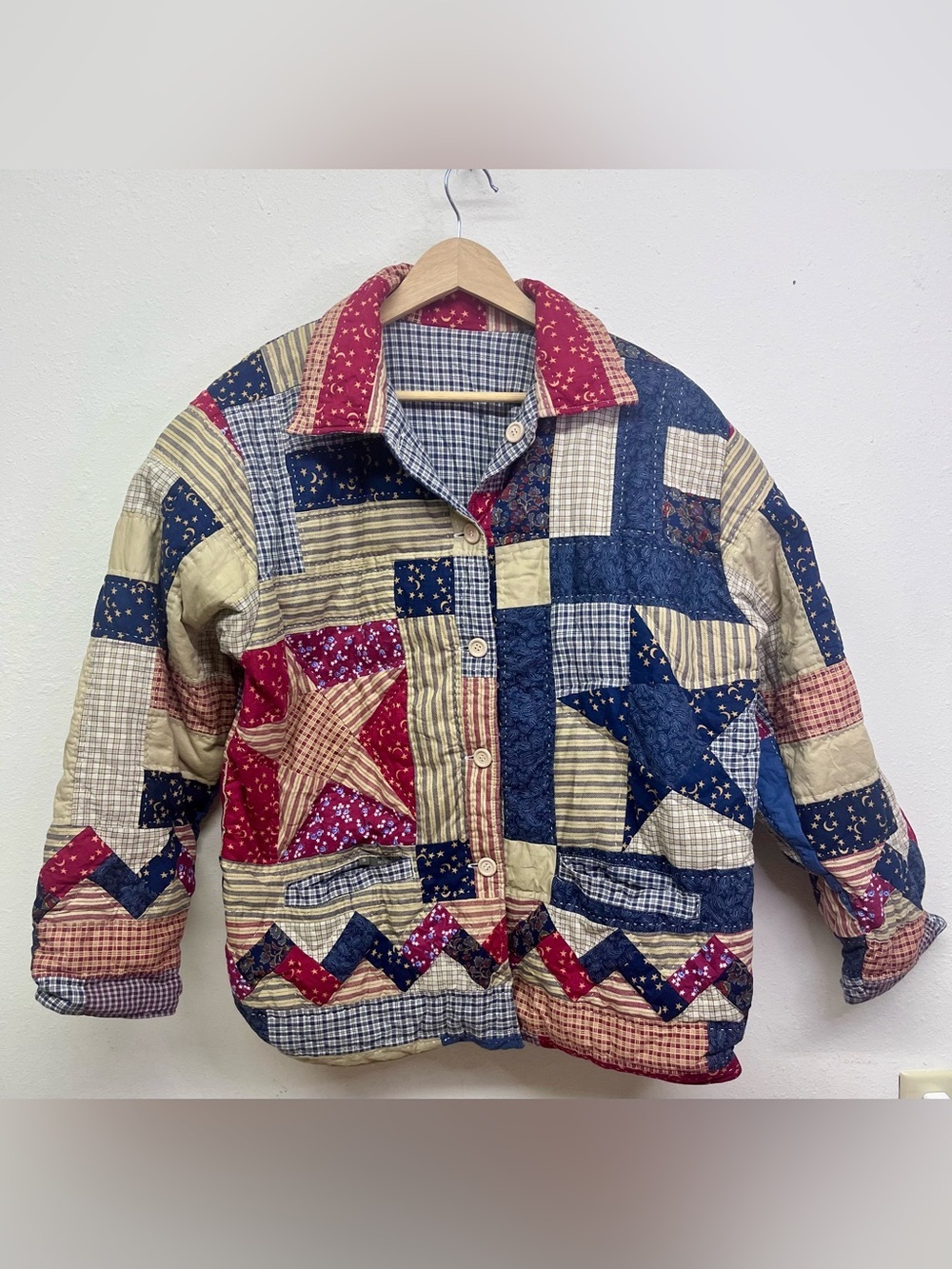 Vtg Americana Cotton Quilted Patchwork Lone Star Plaid Reversible Jacket Size S